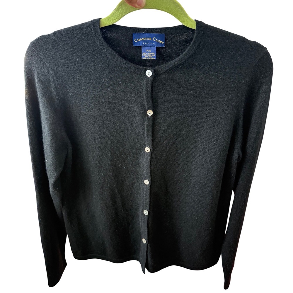 Charter Club Petite Black 100% Cashmere Button Front Cardigan Sweater P/S